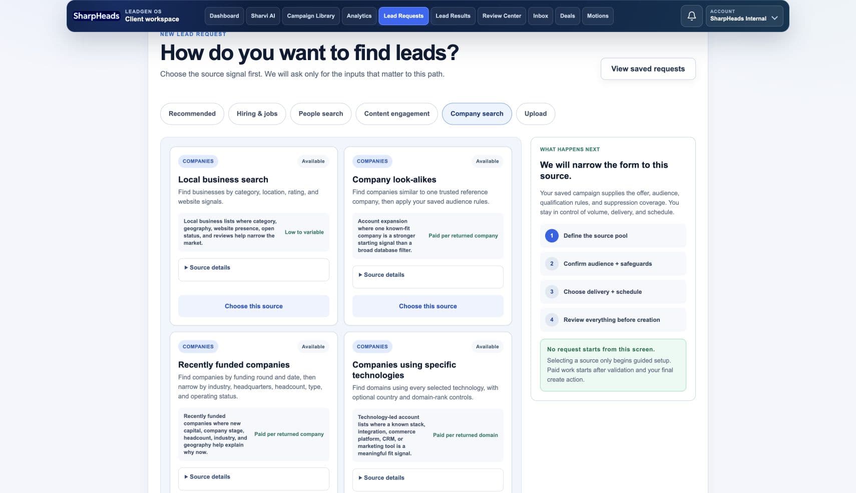 LeadGen OS Lead Request source selection interface