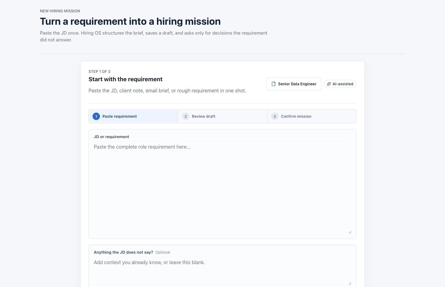 Hiring OS mission setup interface with an empty public-safe role requirement form
